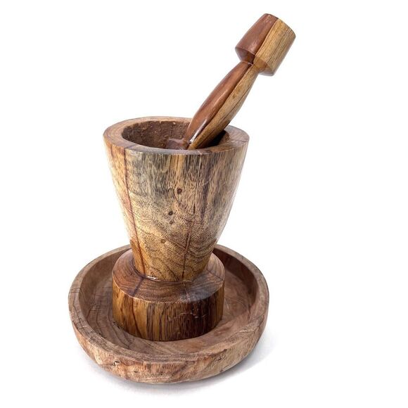 Rustic Wooden Hand Carved Mortar & Pestle and Wood Tray Kitchen Farmhouse Decor - Picture 1 of 7